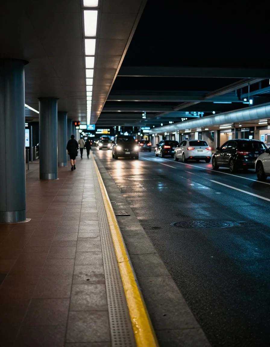 Sydney Airport terminal kerbside at night under sodium lighting