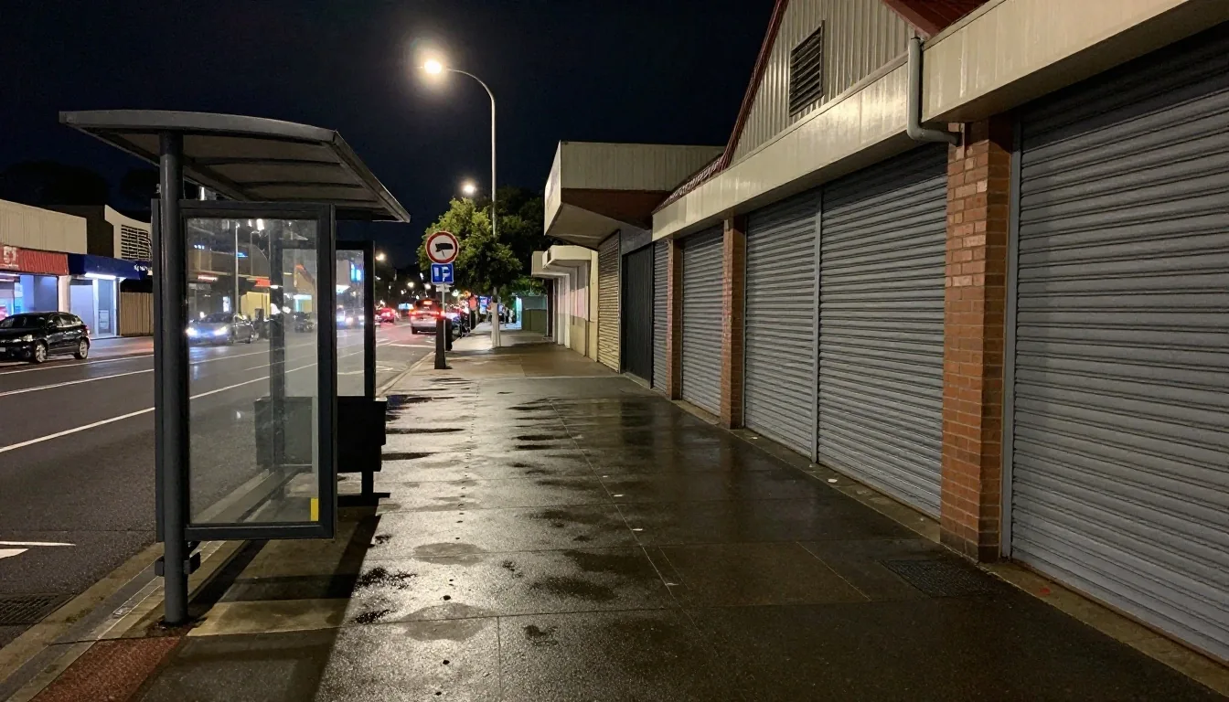 Night street scene on O'Riordan Street near Sydney Airport in Mascot