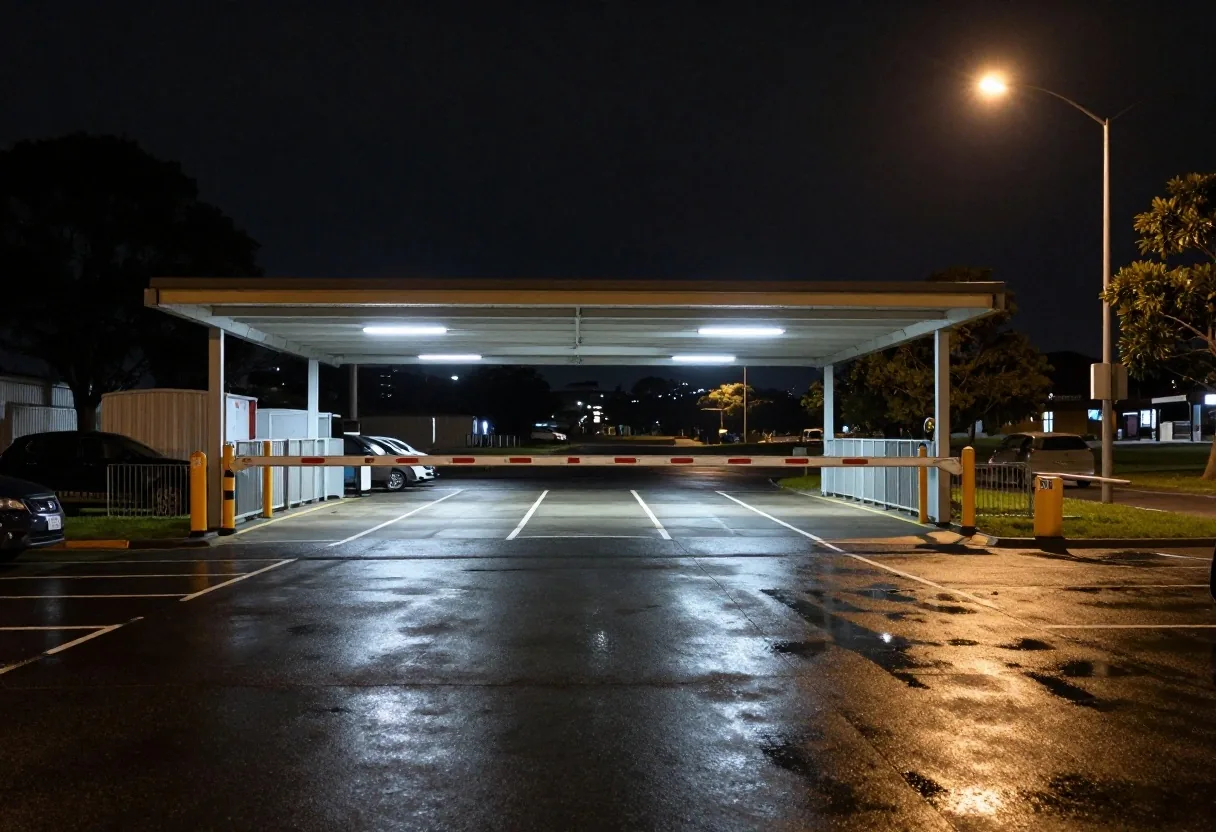 Shuttle bus on O'Riordan Street at night
