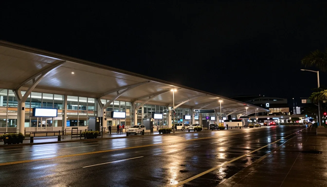 Sydney Airport T1 International terminal kerbside at night